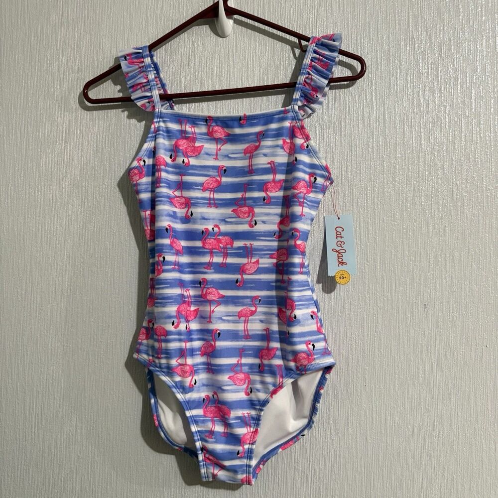 NEW with Tags One Piece Swimsuit Blue Flamingo Cat & Jack Ruffle Strap Size XL